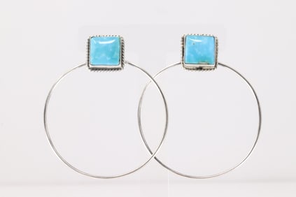 Native America Navajo Sterling Silver Kingman Turquoise Post / Hoop Earring's By Elouise Kee.