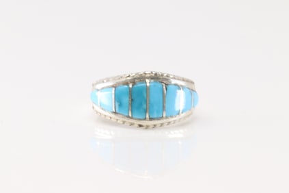 Native America Zuni Sterling Silver Turquoise Turquoise Inlay Ring By M.P.