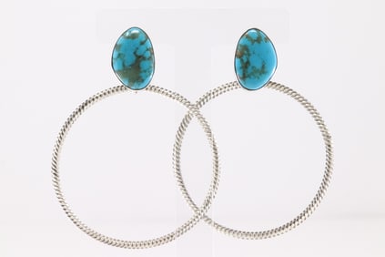 Native America Navajo Sterling Silver Turquoise Hoop Post / Dangling Earring's By Verley Betone.