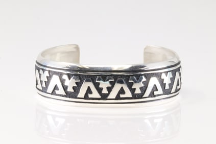 Native American Navajo Sterling Silver Stamped Bracelet Cuff By T&R Singer.