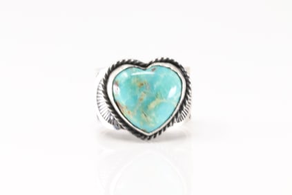 Native America Navajo Sterling Silver Kingman Turquoise Heart Ring By Sunshine Reeves.