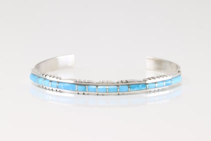 Native America Zuni Sterling Silver Turquoise Inlay Bracelet Cuff By Sheldon Lalio.