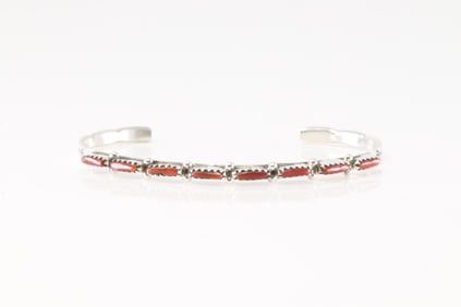 Native America Zuni Sterling Silver Coral Bracelet Cuff By Murray Hannaweeka.