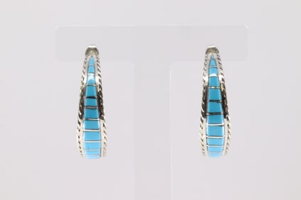 Native American Navajo Sterling Silver Kingman Turquoise Hoop Earring's By Malcolm Chavez.