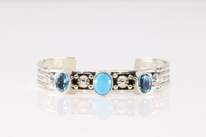 Native America Navajo Sterling Silver Blue Topaz & Turquoise Bracelet Cuff By Gilbert Smith.
