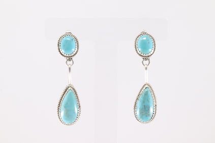 Native America Navajo Sterling Silver Kingman Turquoise Post / Dangling Earring's By Theresa Smith.