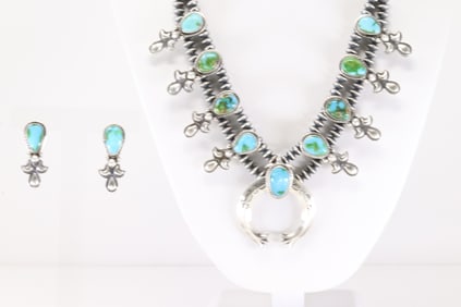 Native America Navajo Sterling Silver Sonora Gold Turquoise Necklace & Post Earring's Set By