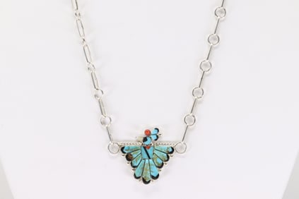 Native America Zuni Sterling Silver Multi-Color Stone Bird Necklace By Michelle Peina.