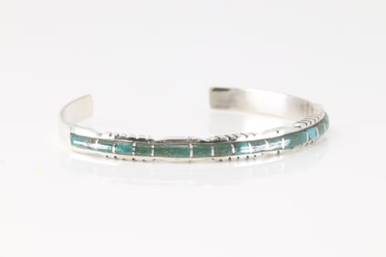 Native America Zuni Sterling Silver Turquoise Inlay Bracelet Cuff By Sheldon Lalio.