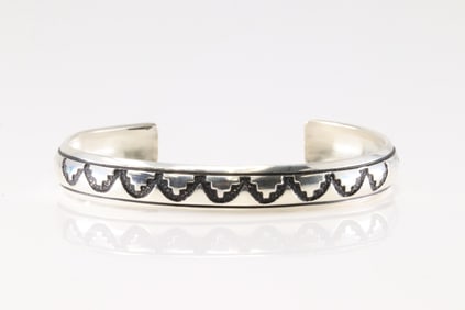 Native America Navajo Sterling Silver Stamped Design Bracelet Cuff By T&R Singer.