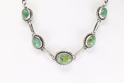 Native America Navajo Sterling Silver Kingman Turquoise Necklace By A.L.