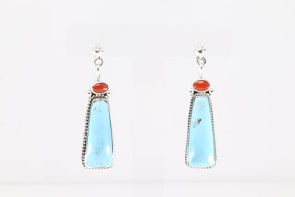 Native America Navajo Sterling Silver Coral & Turquoise Post / Dangling Earring's By Sharon