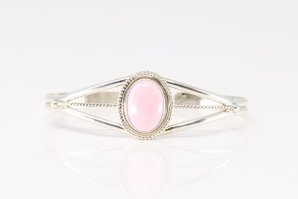 Native America Navajo Sterling Silver Pink Conch Shell Bracelet Cuff By P.Skeets.