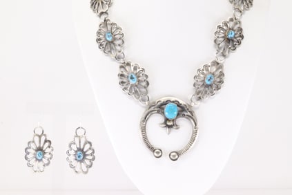 Native America Navajo Sterling Silver Kingman Turquoise Naja Necklace & Earring's Set By Eva &
