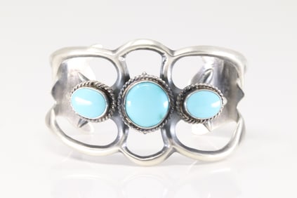 Native America Navajo Sterling Silver Turquoise Bracelet 3 Stone Cuff By Eugene Gruber.
