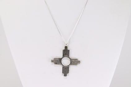 Native America Navajo Sterling Silver Solid Cross Pendant with A 925 Necklace By Sonyei Coho.