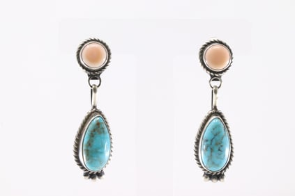 Native America Navajo Sterling Silver Pink Conch Shell & Kingman Turquoise Post / Dangling Earring's