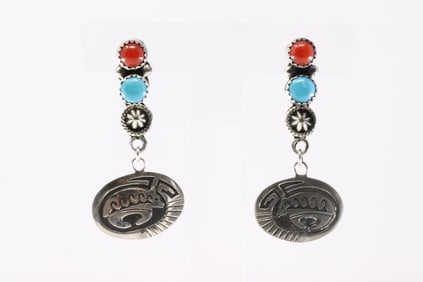 Native America Navajo Sterling Silver Coral & Turquoise Post / Dangling Earring's By Annette