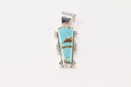 Native America Navajo Sterling Silver Turquoise Inlay Pendant By S.F.