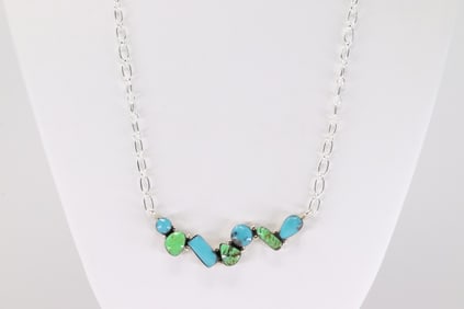 Native America Navajo Sterling Silver Turquoise Necklace By David Lopez.