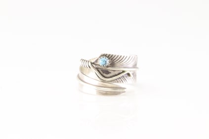 Native America Navajo Sterling Silver Turquoise Feather Ring By CC.