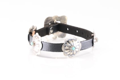Native America Navajo Sterling Silver Turquoise Leather Bracelet By Joan Begay.