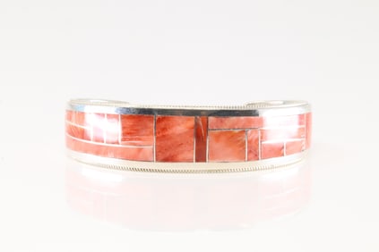 Native America Zuni Sterling Silver Spiny Oyster Inlay Bracelet Cuff By Glendora Booqua.