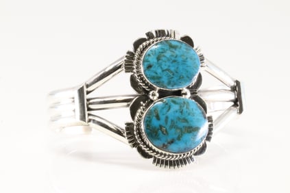 Native America Navajo Sterling Silver Kingman Turquoise Bracelet Cuff By Emerson Delgarito.