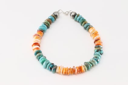 Native America Navajo Sterling Silver Spiny Oyster And Turquoise Bracelet Link.