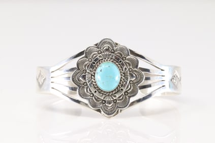 Native America Navajo Sterling Silver Turquoise Bracelet Cuff By Eula Wylie.