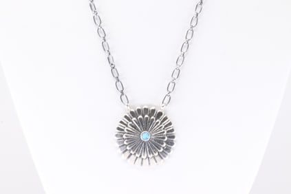 Native America Navajo Sterling Silver Turquoise Necklace By R.B.