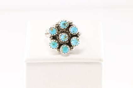Native America Navajo Sterling Silver Turquoise Flower Ring By M.R.