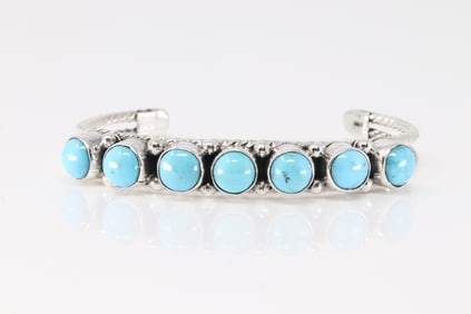 Native America Navajo Sterling Silver Turquoise 7 Stone Bracelet Cuff By Sheena Jack.