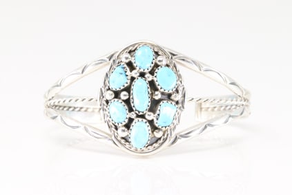 Native America Navajo Sterling Silver Turquoise Bracelet Cuff By M.Chee.
