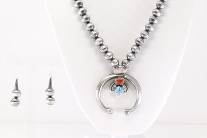 Native America Navajo Sterling Silver Coral & Turquoise Naja Naja Necklace & Earring's Set By