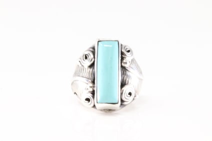 Native America Navajo Sterling Silver Turquoise Ring Floral By Darrell Morgan.