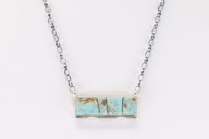 Native America Navajo Sterling Silver Turquoise Inlay Necklace By Steve Francisco.