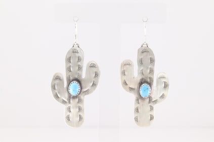 Native America Navajo Sterling Silver Turquoise Cactus Dangling Earring's By Aaron Davis.