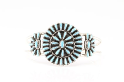 Native America Zuni Sterling Silver Kingman Turquoise Bracelet Cuff By Judy Wallace.