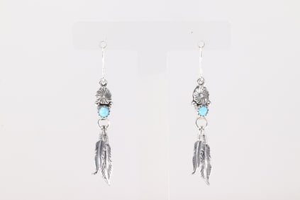 Native America Navajo Sterling Silver Turquoise Floral Dangling Earring's By Sharon McCarthy.