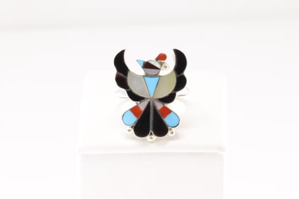 Native America Zuni Sterling Silver Multi-Color Stone Thunderbird Ring By Bruce Wallace.