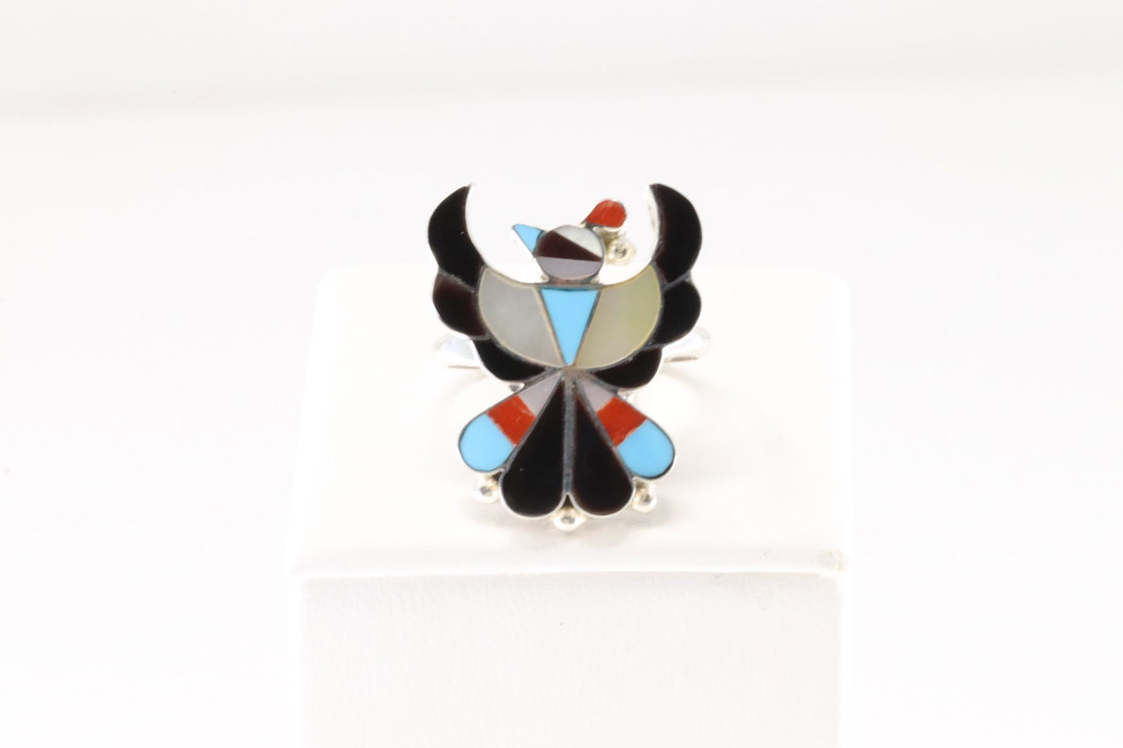 Native America Zuni Sterling Silver Multi-Color Stone Thunderbird Ring By Bruce Wallace.