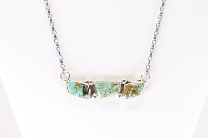 Native America Zuni Sterling Silver Kingman Turquoise Neklace By Jude Candelaria.
