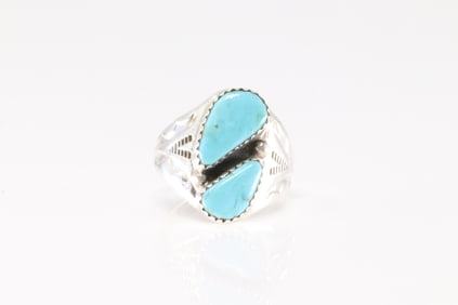 Native America Navajo Sterling Silver Turquoise Ring 2 Stone By Mary Lincoln.