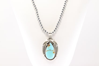 Native America Navajo Sterling Silver Kingman Turquoise Pendant By Alfred Martinez. With Pearl
