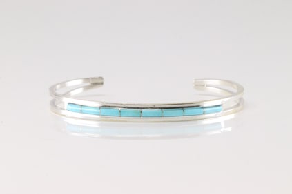 Native America Zuni Sterling Silver Turquoise Inlay Bracelet Cuff By A.L.W.