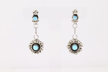 Native America Zuni Sterling Silver Turquoise Post & Dangling Earring's By Verdi Booqua.
