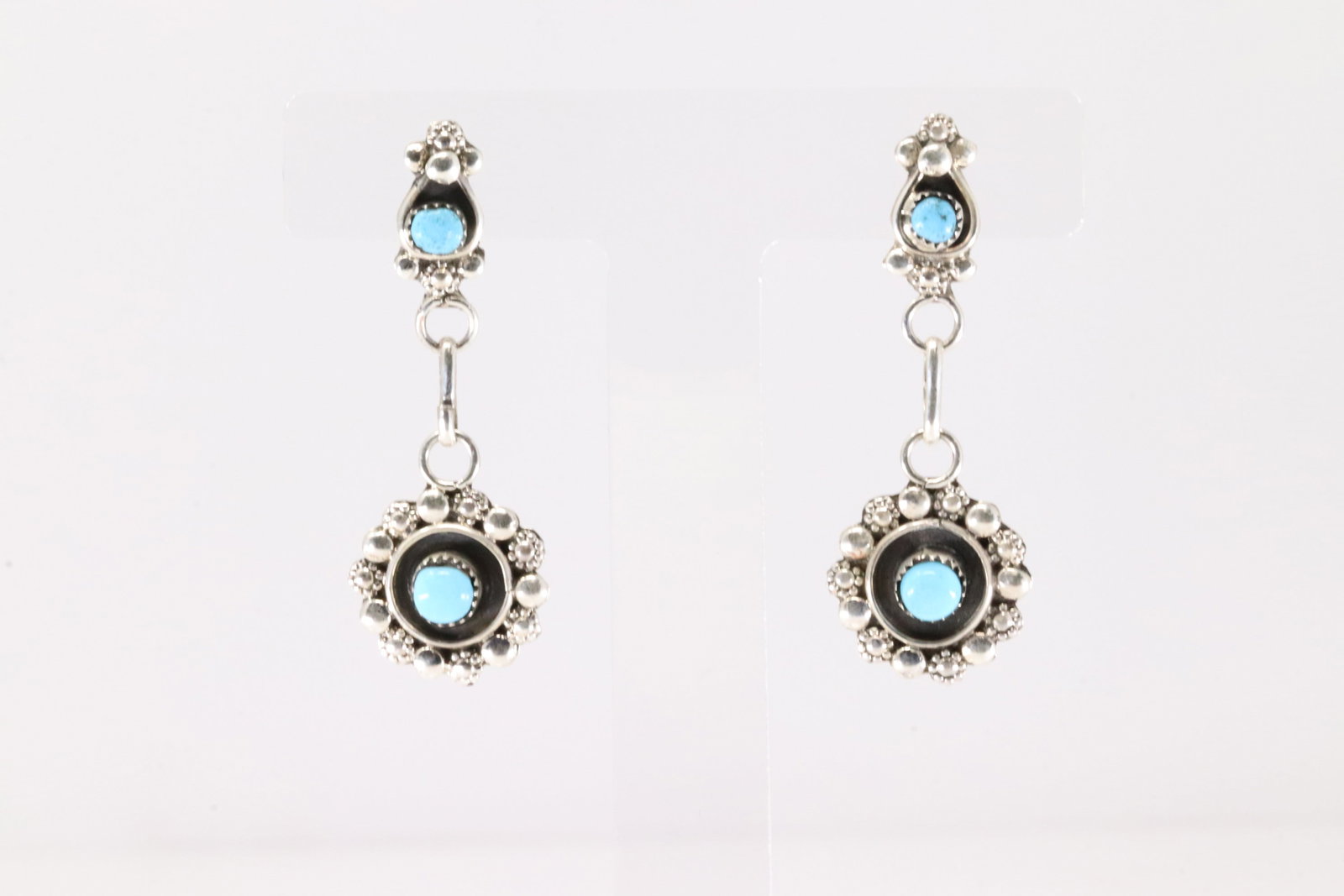 Native America Zuni Sterling Silver Turquoise Post & Dangling Earring's By Verdi Booqua.: This is a Native America Zuni Sterling Silver Turquoise Post & Dangling Earring's By Verdi Booqua.
