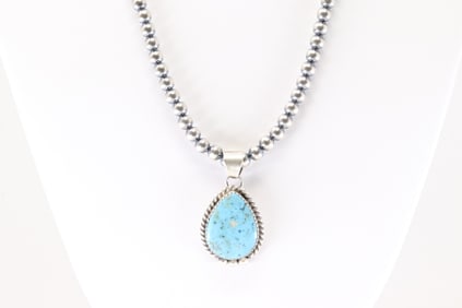 Native America Navajo Sterling Silver Kingman Turquoise Pendant By Freda Martinez. With Pearl Beaded