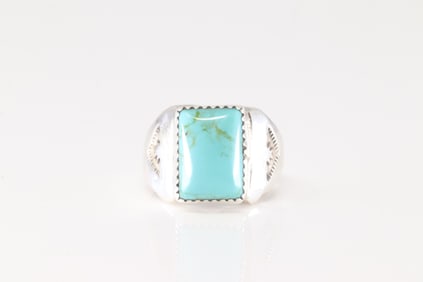 Native America Navajo Sterling Silver Turquoise Ring By Thomas Johnson.